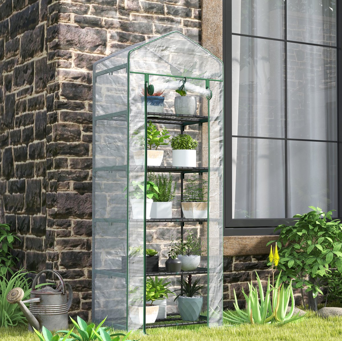 MEUNIQ Tomatenkas 69 x 49 x 193 cm met 5 niveaus, oprolbare deur, stalen frame en transparante hoes, kweekkas voor balkon, tuin en planten