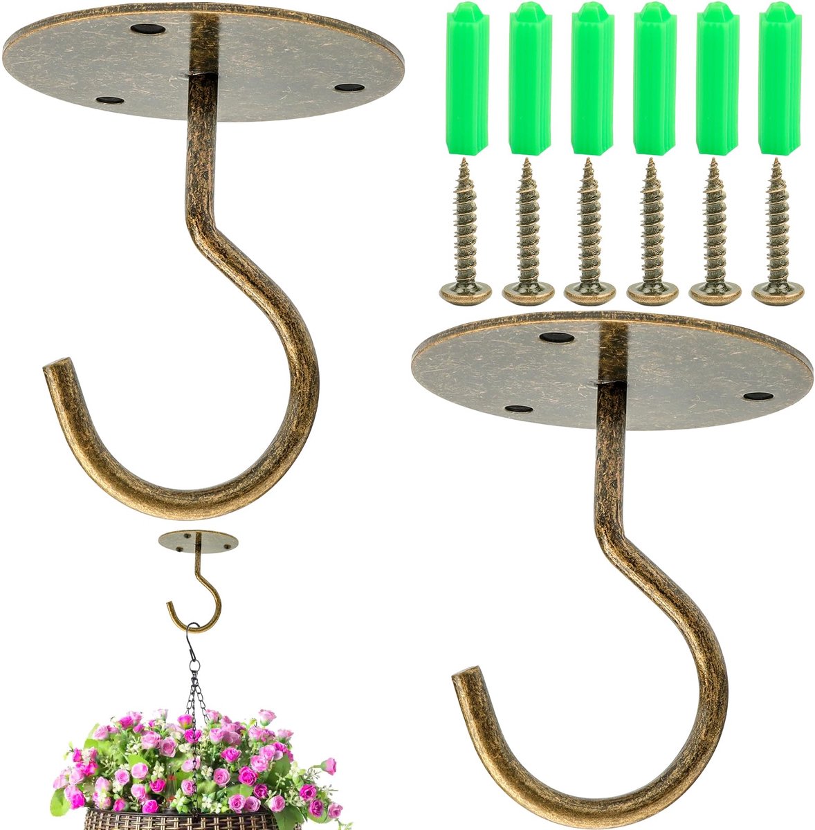 gebruikt voor hangplanten, hangende haken voor binnen, metalen plafondbeugels, ijzeren lantaarnhaken, geschikt voor muskietennetten, bloempotten, windgong vogelvoeder, enz. (brons)