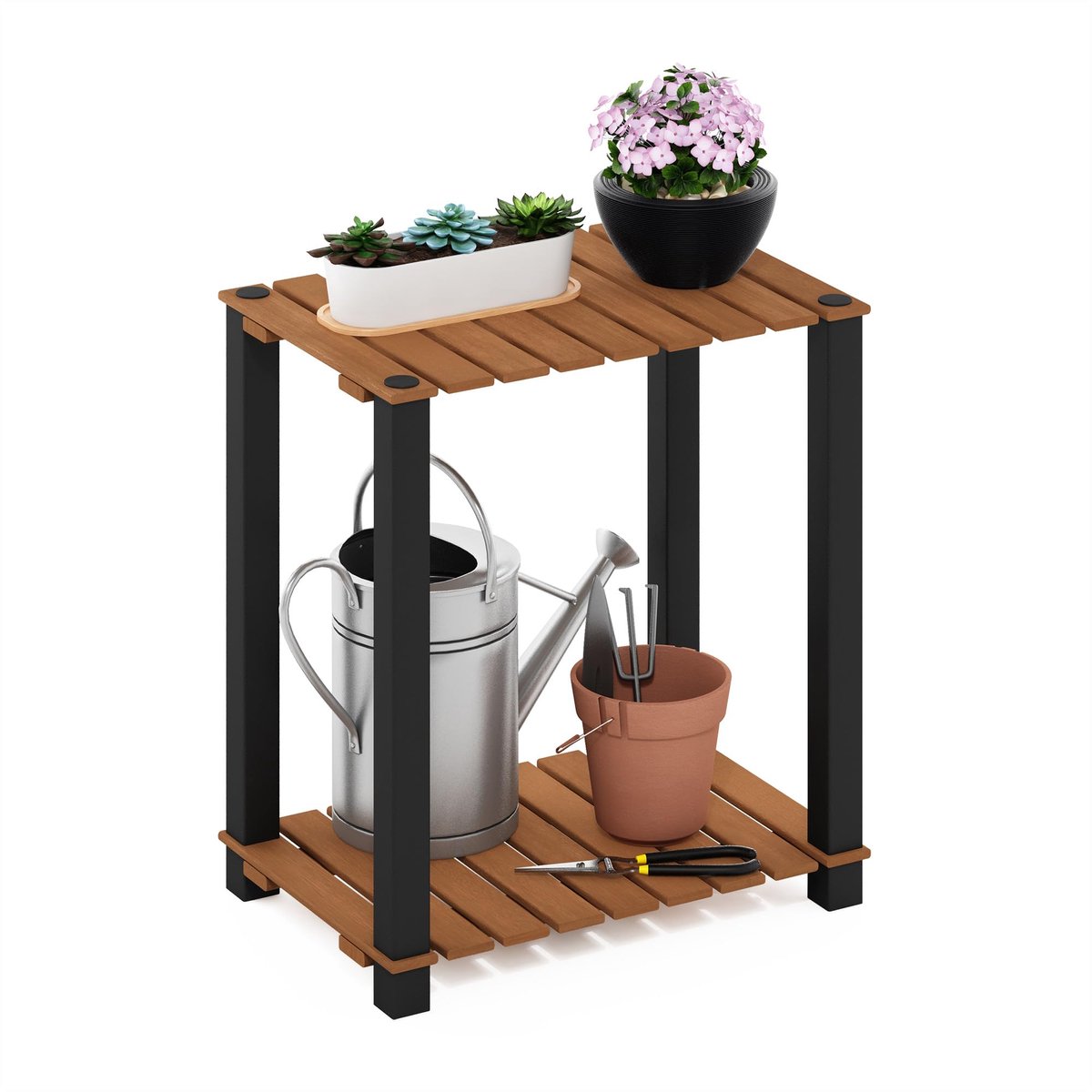 Indoor Outdoor Plant Plank Stand, Engineered Wood Plastic, Naturel/Zwart