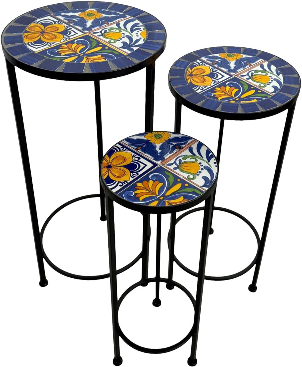 Plantentafel rond in Blauw/Geel – Set van 3 stuks | Plantentafel van metaal met ingelegde keramische mozaïektegels | Tuintafel voor planten voor tuin/balkon/terras