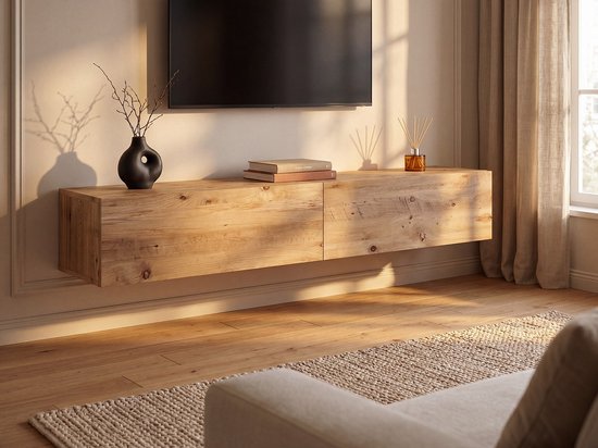 Zwevend tv-meubel van donker eikenhout met twee lades, in een woonkamer.