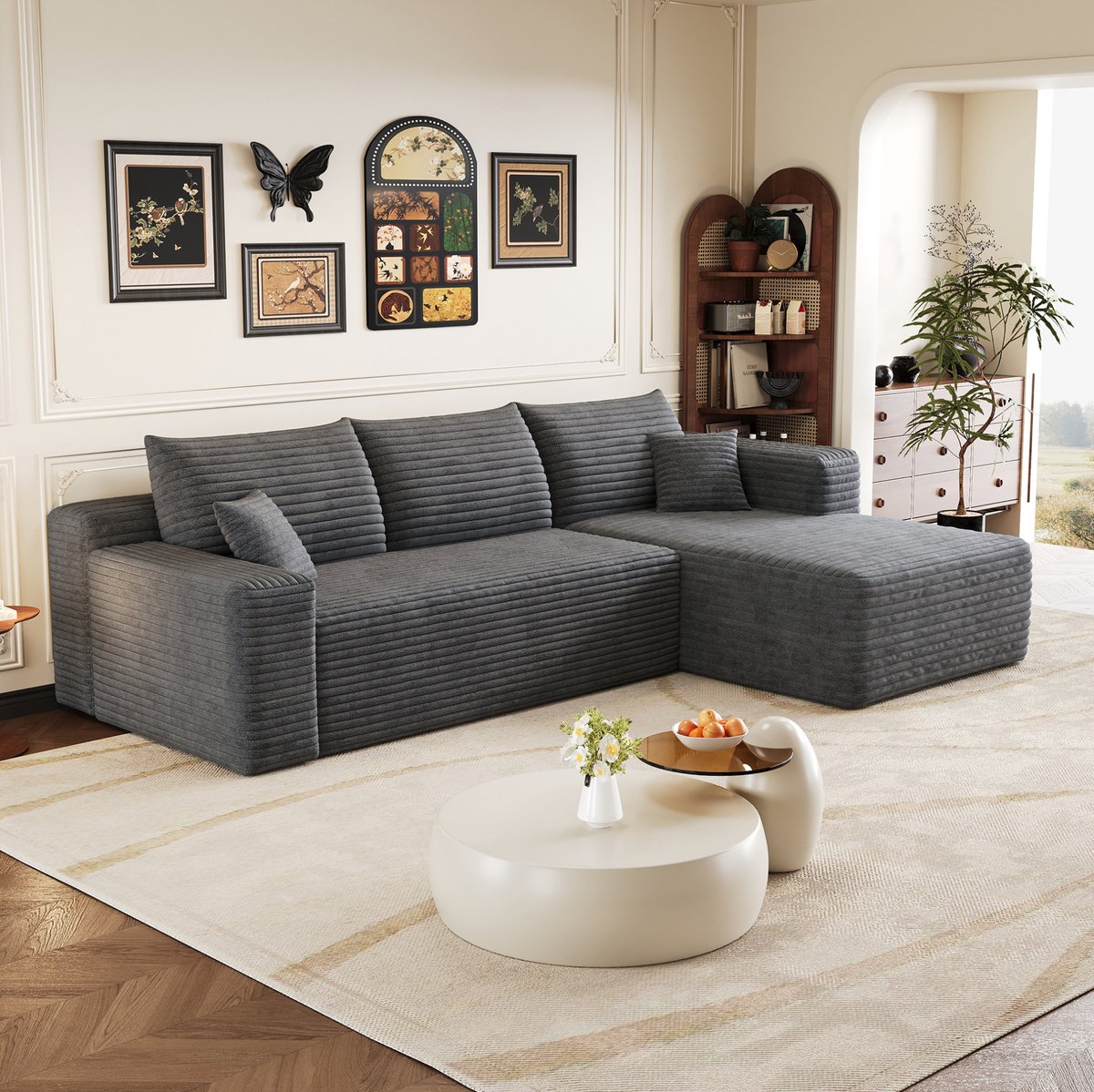 FloraGrace Hoekbank 241 Cm - 3-Zits L-Vormige Bank Met Chaise Longue En Diepe Zitting - Voor Woonkamer Of Slaapkamer - Corduroy Stof - Donkergrijs