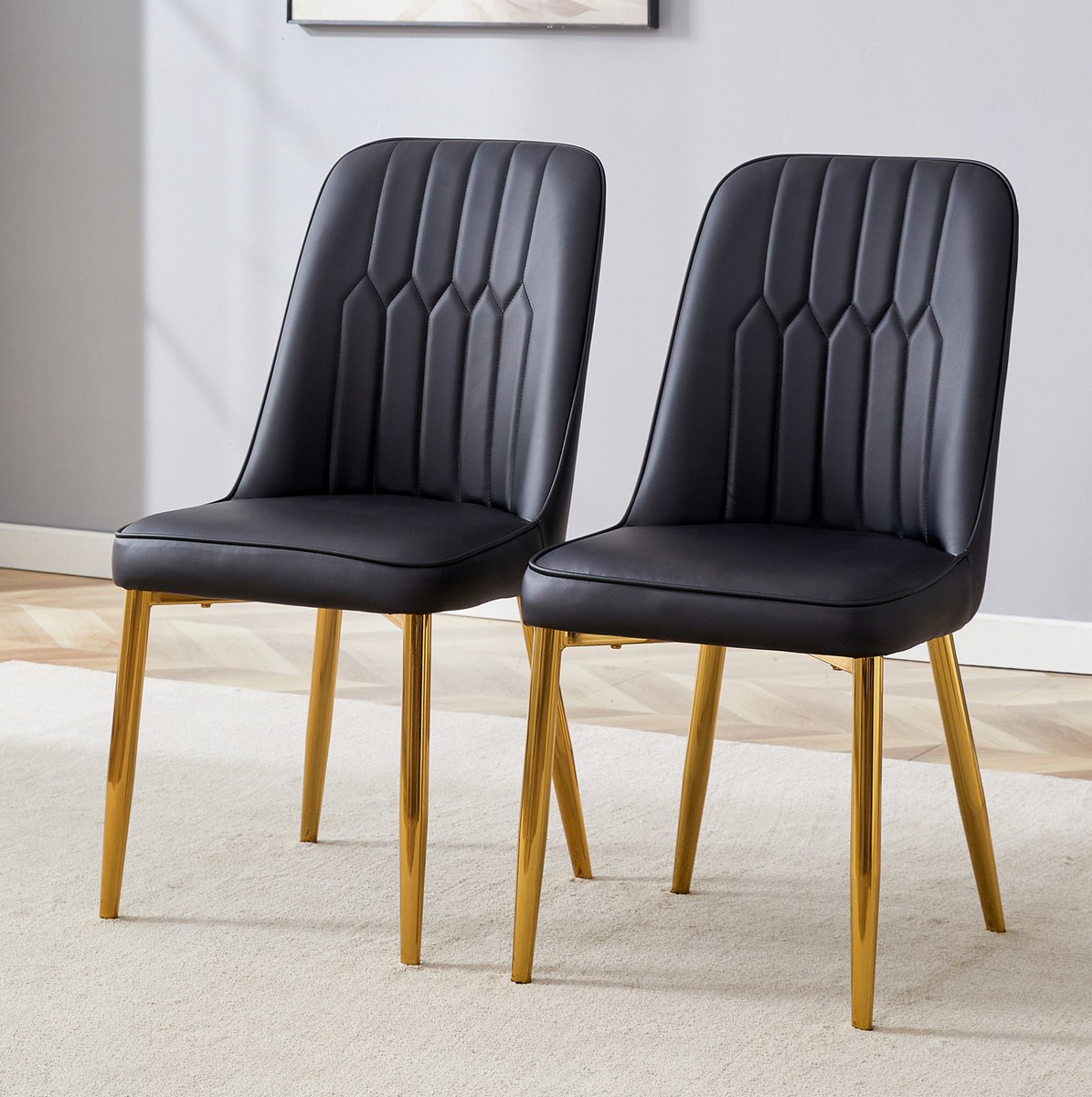 DESMIU Eetkamerstoel - Set Van 2 - Ergonomische Rugleuning En Gewatteerde Zitting - Voor Eetkamer En Keuken - Kunstleer En Metaal - Zwart Goud