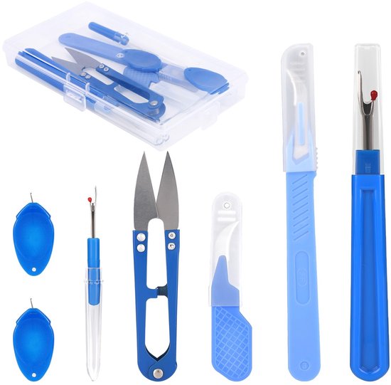 7st Naadripper Set, Bevat Grote & Kleine Steek Verwijderaar Gereedschap met Beschermdoppen, Garensnijder, 2 Rijgers, Duimmess & Langhandvatmes voor Naaiën Quilten Breien Knutsel Benodi