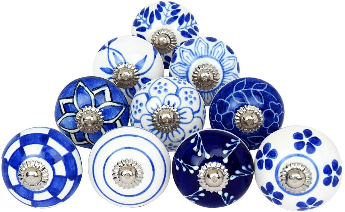 Blauw en Wit Handgemaakte Beschilderde Keramische Knoppen Kastdeur Lade en Meubelgrepen Handgeschilderde Keukenkast Glanzende Afwerking Handgrepen Trekknop, Verpakking van 10