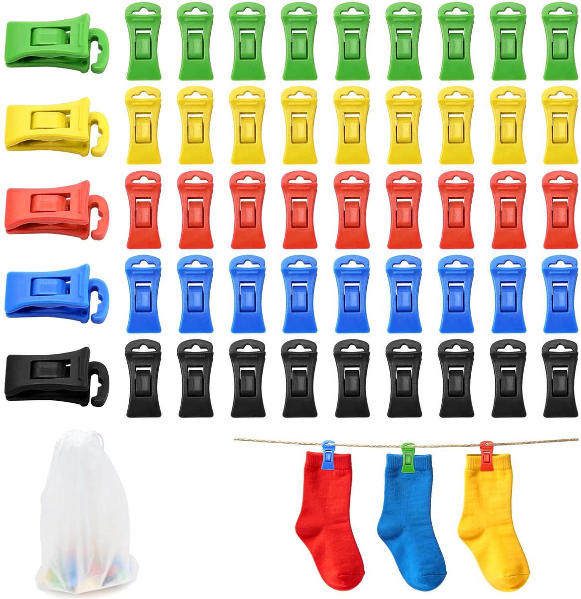 Sokkenklemmen voor wasmachine en droger, 50 stuks sokkenklemmen met 1 opbergtas, antislip sokkenclips met haken, sokkenhouder en sokkensorteerder voor organiseren en bewaren