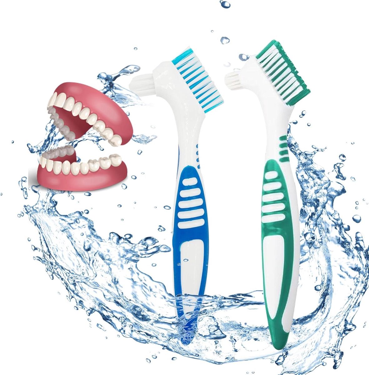 Prothese Tandenborstels - Kunstgebit Borstels - Hygiënisch Reinigen - Dubbele Hoek Kop - 2 Stuks - Blauw Groen
