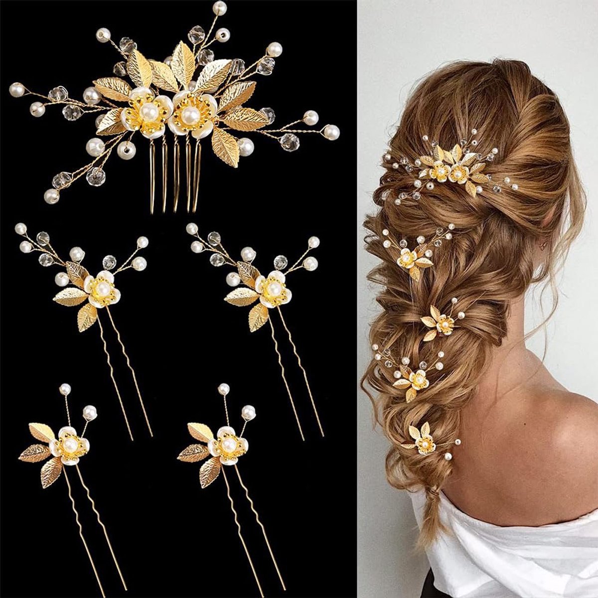 5 stuks haaraccessoires decoratie bruidshaar haarkammen met strass kralen haaraccessoires voor ceremonie geschikt voor vrouwen (goud)