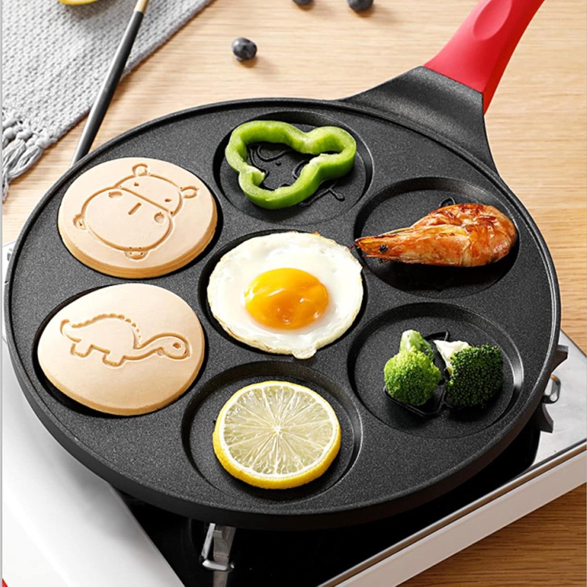 Pannenkoekenpan - Bakplaat Kinderen - Leuke Maaltijden Maken - 7 Dierenvormen - 25 cm Diameter - Zwart Rood