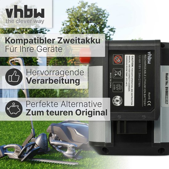 vhbw-accu compatibel met Gardena AccuJet Li-18 (9335-20) grasmaaier, grasschaar, heggenschaar, tuingereedschap (1500mAh 18V Li-Ion) van VHBW — afbeelding 5