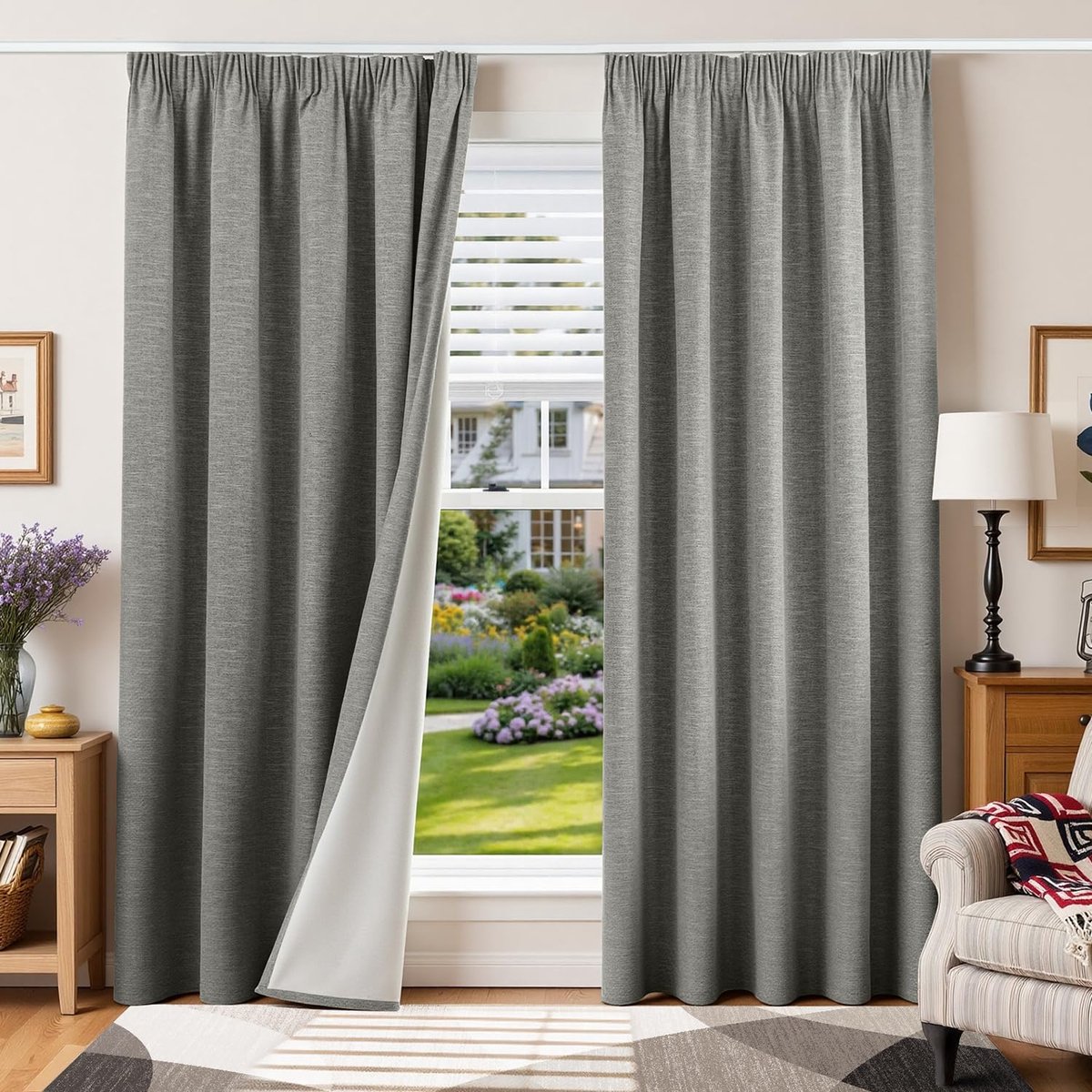 Gordijnen met plooiband, linnenlook, verduisteringsgordijnen, 200 H x 160 B x 2 stuks, lichtgrijs, thermische gordijnen, bescherming tegen kou, woonkamer