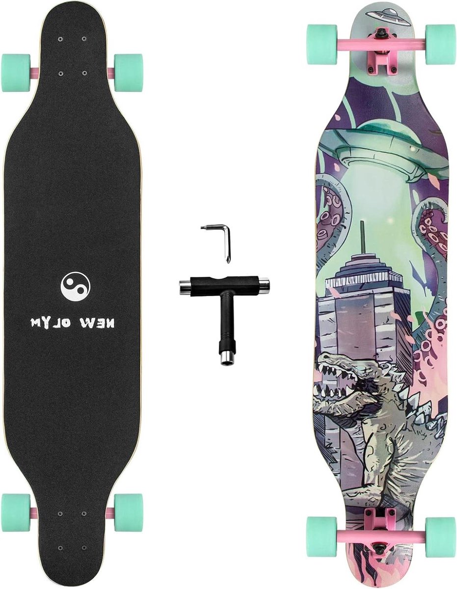 Longboard Skateboard Drop Through Board Cruisen en Tricks 8-laags Esdoornhout 104 cm Dinosaurus