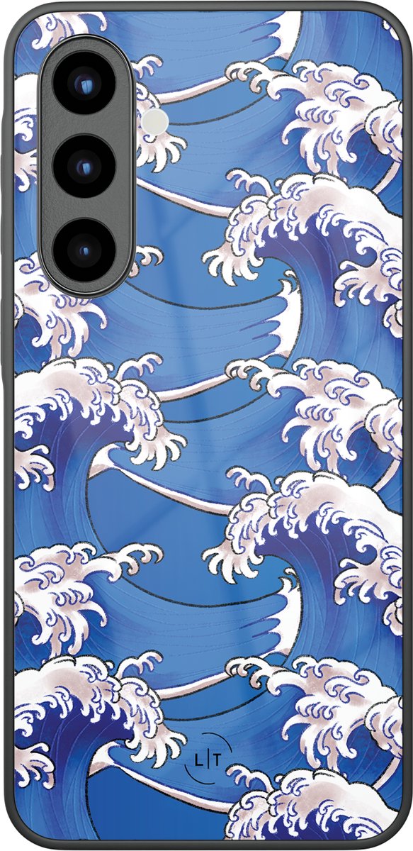 Hoesje geschikt voor Samsung Galaxy A56 - Japanese waves - Luxe Glazen Hardcase - Print / Illustratie - Blauw