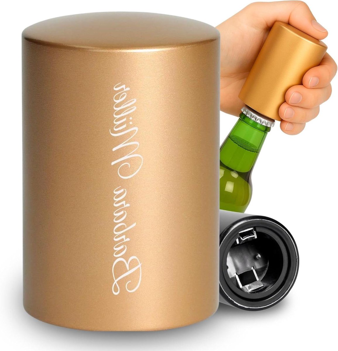 Flesopener met Gravure - Bieropener Aluminium - Flessen Openen - Eénhand Bediening - 8 x 5 cm - Geborsteld Staal