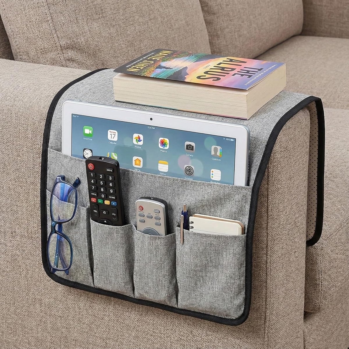 volumoon Sofa Armleuningen, organizer, antislip, stoel, hangende opbergtas, 5 vakken, voor mobiele telefoon, iPad, boek, tijdschriften, tv-afstandsbediening, tablets, bril (grijs)