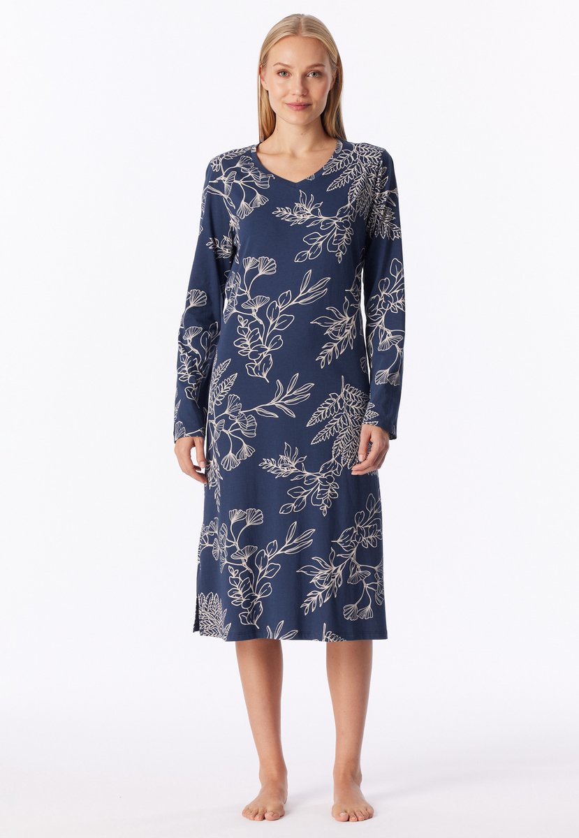 Schiesser dames Comfort Essentials nachthemd met lange mouwen met admiraalpatroon - admiraal dessin Blauw
