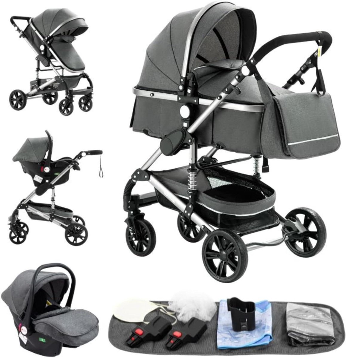 Kinderwagen 3-in-1 - Combinatie kinderwagen Driewieler - Babyvervoer - Dubbel schokdempingssysteem - 83 x 60 x 105 cm - Grijs