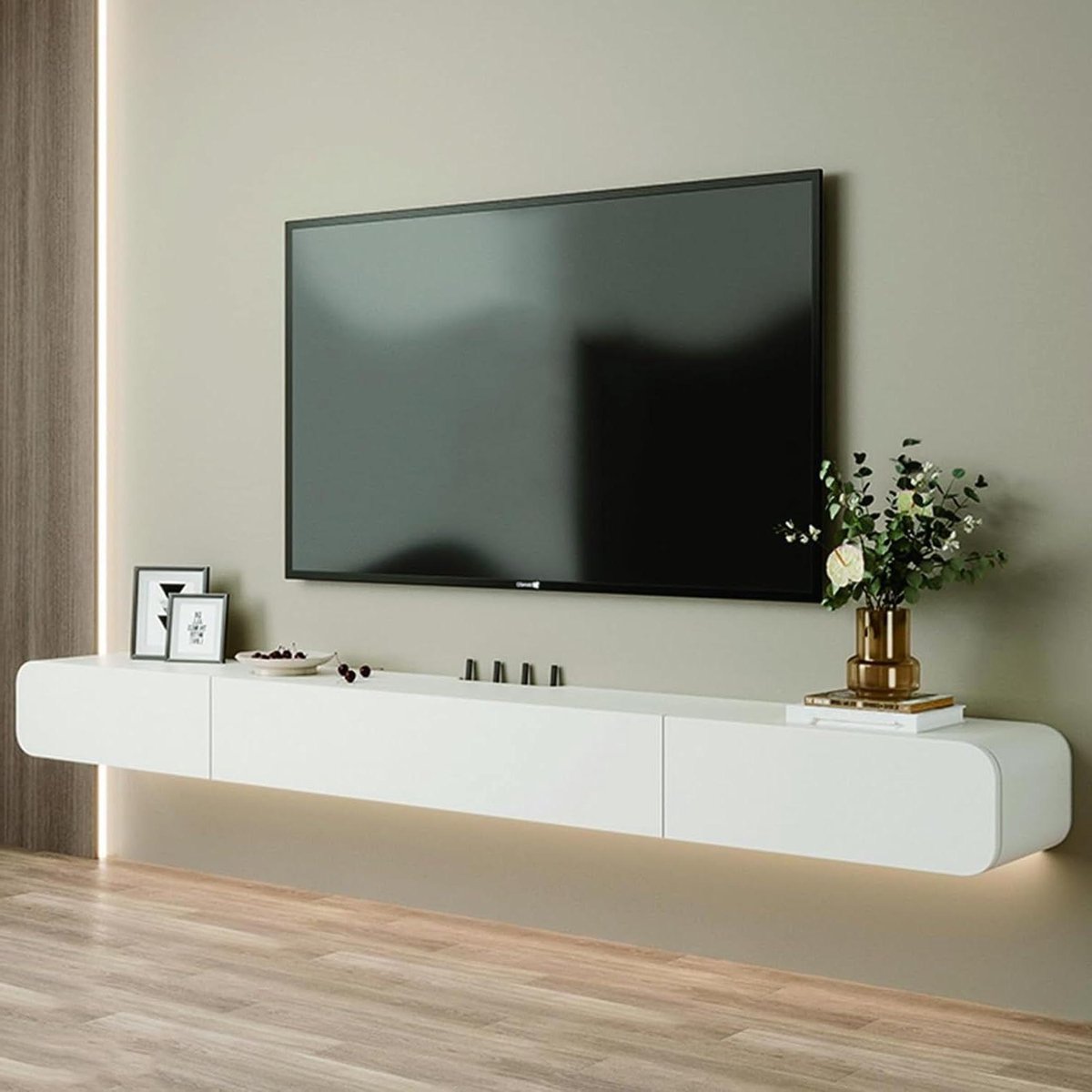 Zwevende TV Standaard - TV meubel mediacast - Opbergen van media - Massief hout afwerking - 140 cm - Wit