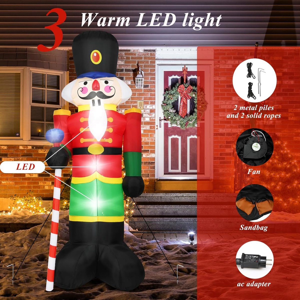 Opblaasbare Kerstman Soldaat - Kerstfiguur Decoratie - Tuin Versieren - Met Ingebouwde Verlichting - 240 cm - Multicolor – foto 6