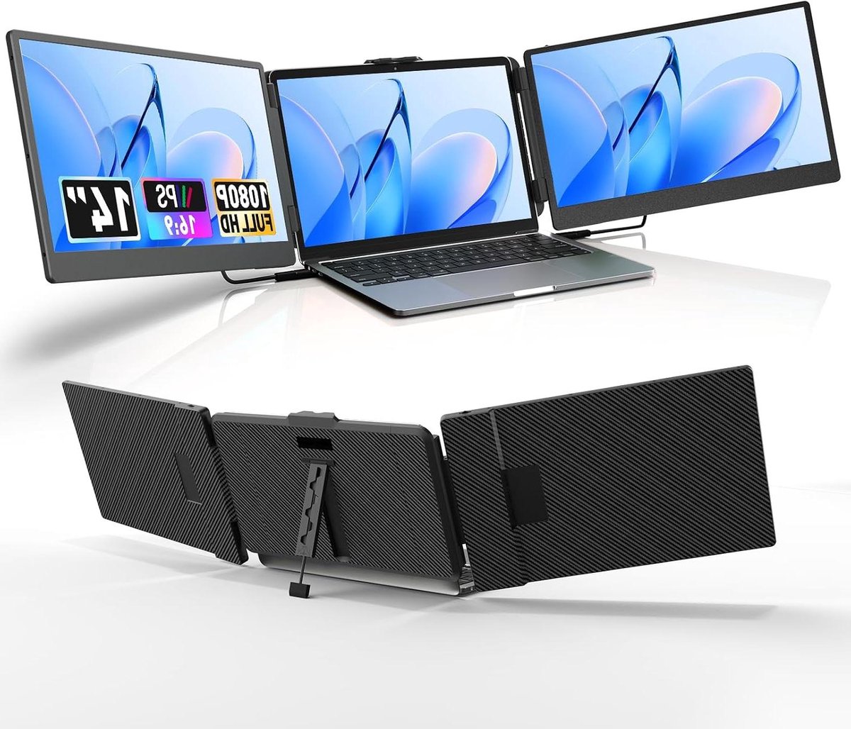 Laptop Scherm Extender - Draagbare Monitor - Multitasken op Kantoor - Drievoudig Scherm Ontwerp - 14 Inch - Zwart