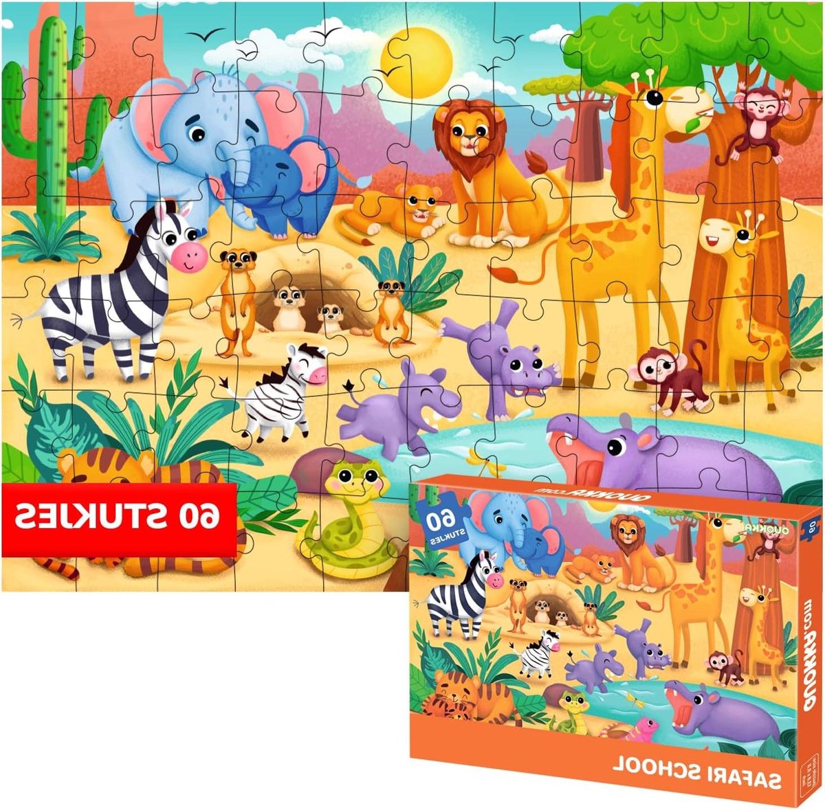 Kinderpuzzels Afrikaanse Dieren - Legpuzzel Kleuters - Educatief Spelen - FSC-Gecertificeerd Karton - 60 Stukjes - Afrika