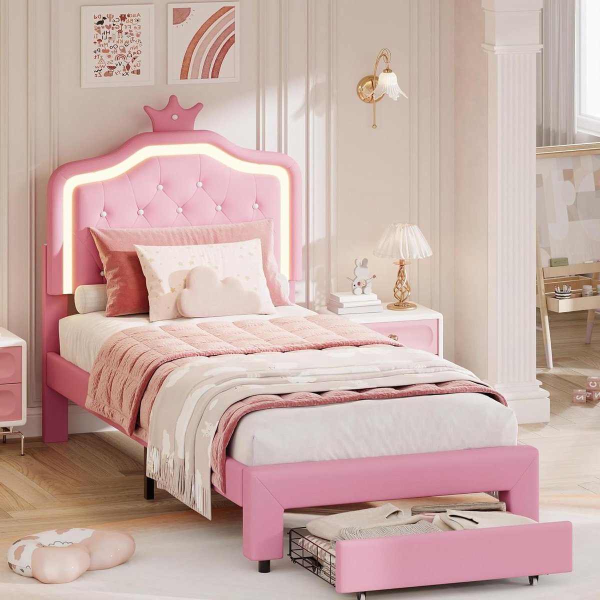 Kinderbed met LED - Meisjesbed Eenpersoonsbed - Slaapkamer Inrichten - Verstelbaar Hoofdbord Vlinder - 90x200 cm - Wit Roze