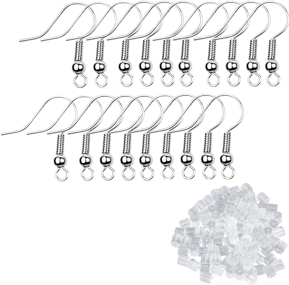 Oorbelhaken en 500 stuks transparante oorbelhaken - nikkelvrije oorhaakjes (18 mm) - plastic stop vervangende veiligheidsrug (2,5 mm x 3 mm) - voor het maken van sieraden