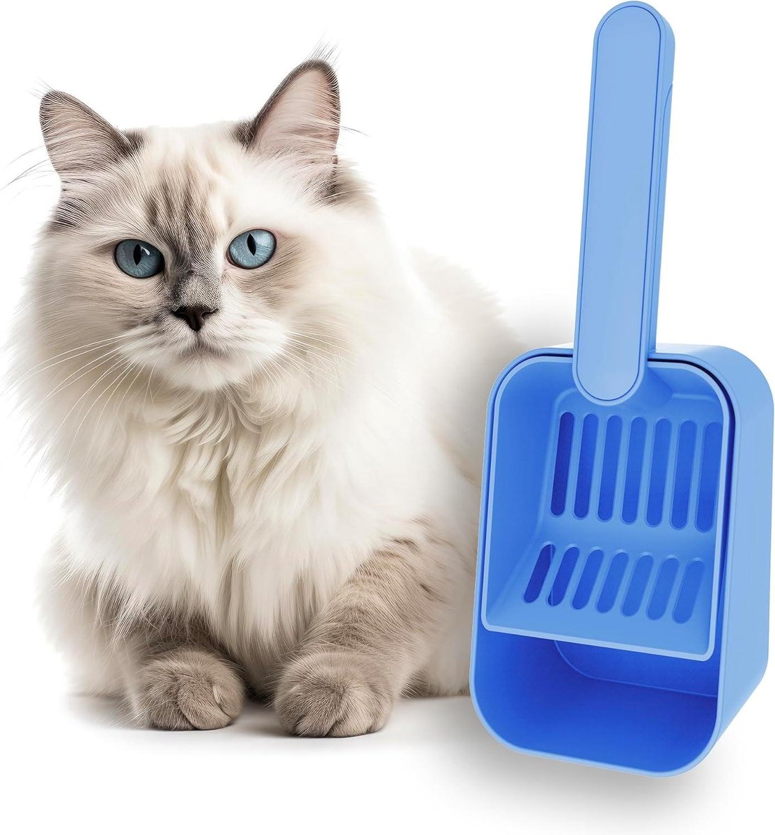 Kattenbakschep met houder - Katten schep - Kattenbak reinigen - Ergonomische lange steel - 28 x 11 cm - Blauw