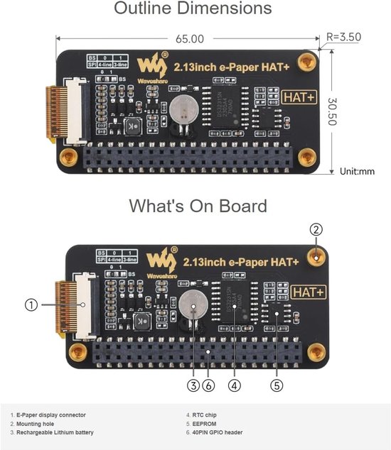 E-Paper HAT+ - E-ink Display Epaper Screen - Project Ontwikkeling - Geen Backlight Vereist - 2.1 inch - Zwart Wit — afbeelding 4