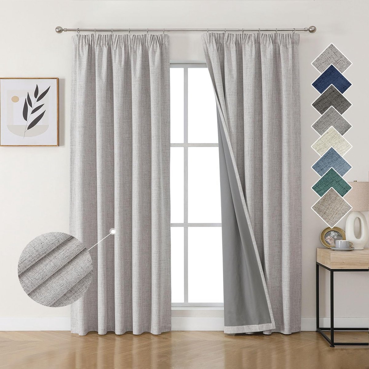 Gordijnen, linnen, met plooiband, set van 2, 220 x 140 cm, grijs-wit, thermogordijn, koudebescherming, ondoorzichtig, geluidsisolatie, ideaal voor woonkamer, past bij