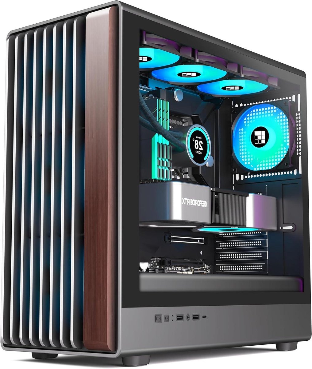 PC Behuizing - Computerkast Mid-Tower - Gaming Setup Bouwen - Houten Walnoot Front - 470x220x460 mm - Zwart
