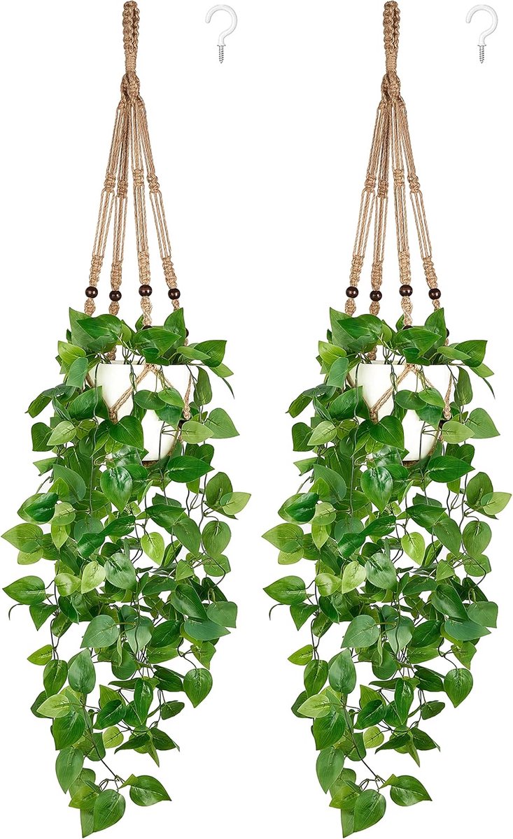 2 stuks nephangende plant met pot, kunstplanten voor huisdecoratie indoor macramé plantenhanger met faux wijnstok hangende plantenbak groen voor slaapkamer badkamer kantoordecoratie, bruin