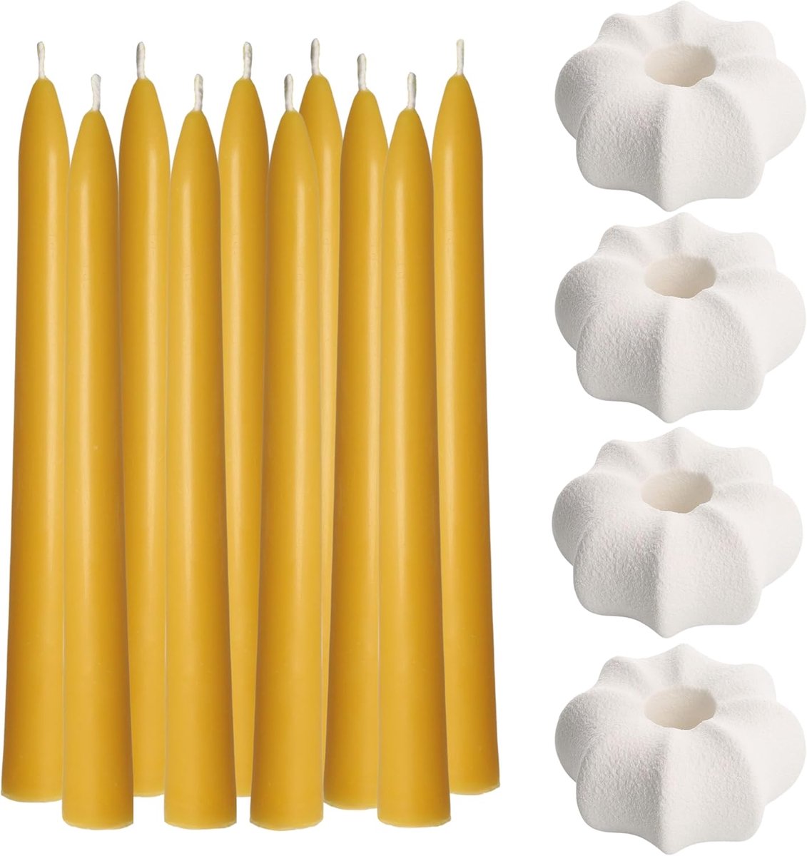 Minimalistische keramische kandelaar met bijenwaskaarsen - 14-delige set (10 dinerkaarsen + 4 kandelaars)