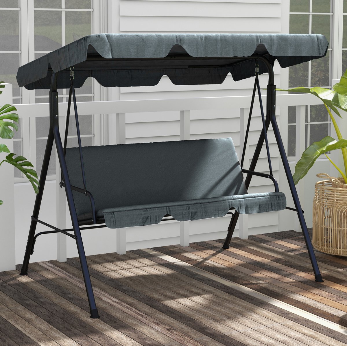MEUNIQ Schommelbank 3-zits met zitkussen en verstelbaar zonnedak, Hollywoodschommel voor tuin, terras of balkon, stalen frame, 172 x 110 x 153 cm, grijs
