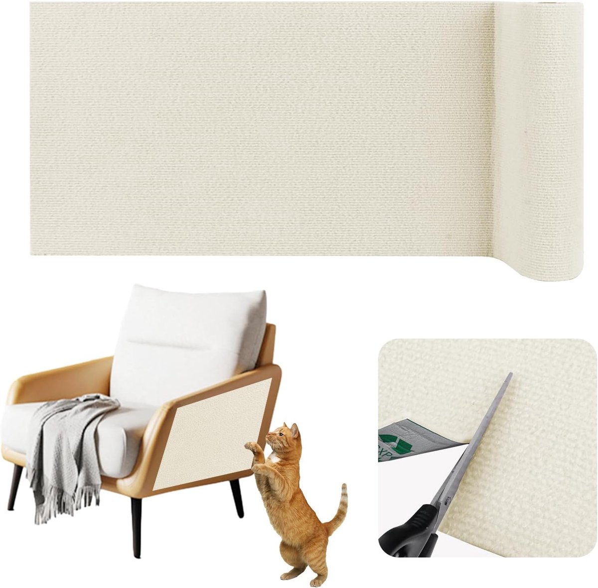 Krabmat voor katten, zelfklevend krabplanken krabtapijt plakken voor kat kattenkrabmat voor bank muren hoeken bescherm tapijt (Beige, 40 cm x 4 m)