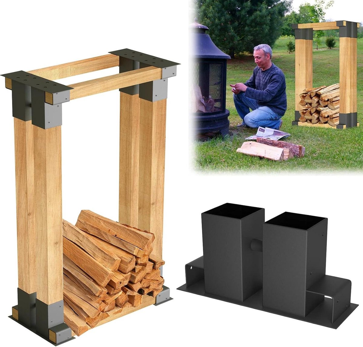 Hout Stapelhulp - Brandhout Opslag - Hout Opslaan - Flexibel Formaat - 30 x 10 x 15 cm - Zwart