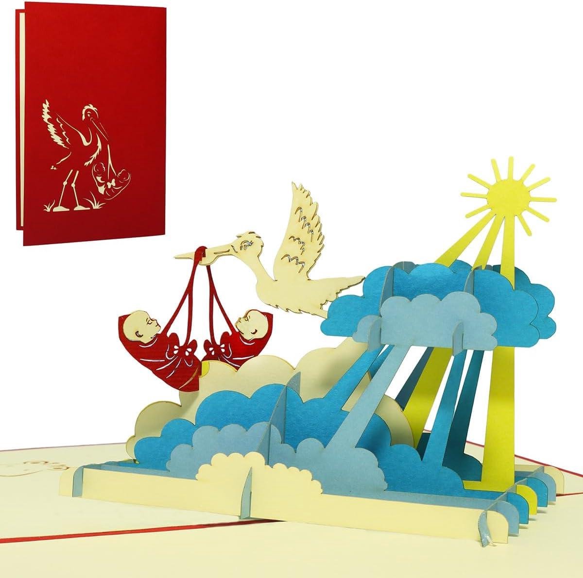 3D Pop-up Kaart - Wenskaart Geboorte - Geld Cadeau Geven - Met Tweeling Ooievaar - 115 x 17 cm - Rood