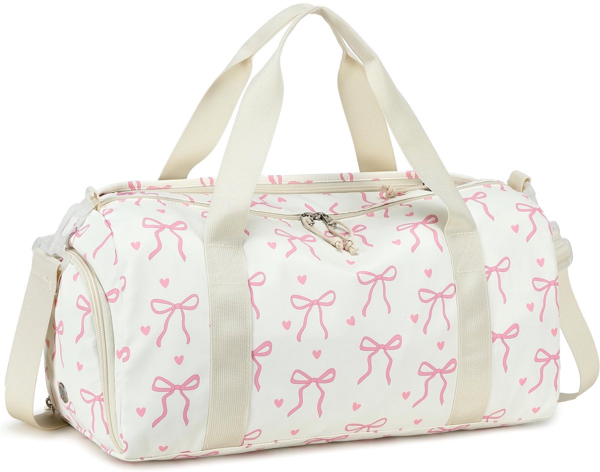 Sporttas, reistas voor dames, meisjes en jongens, sporttas met groot schoenenvak, nat vak, sportreistas, trainingstas, zwemtas voor reizen, gym, yoga, Beige - roze hart + boog, moderniteit