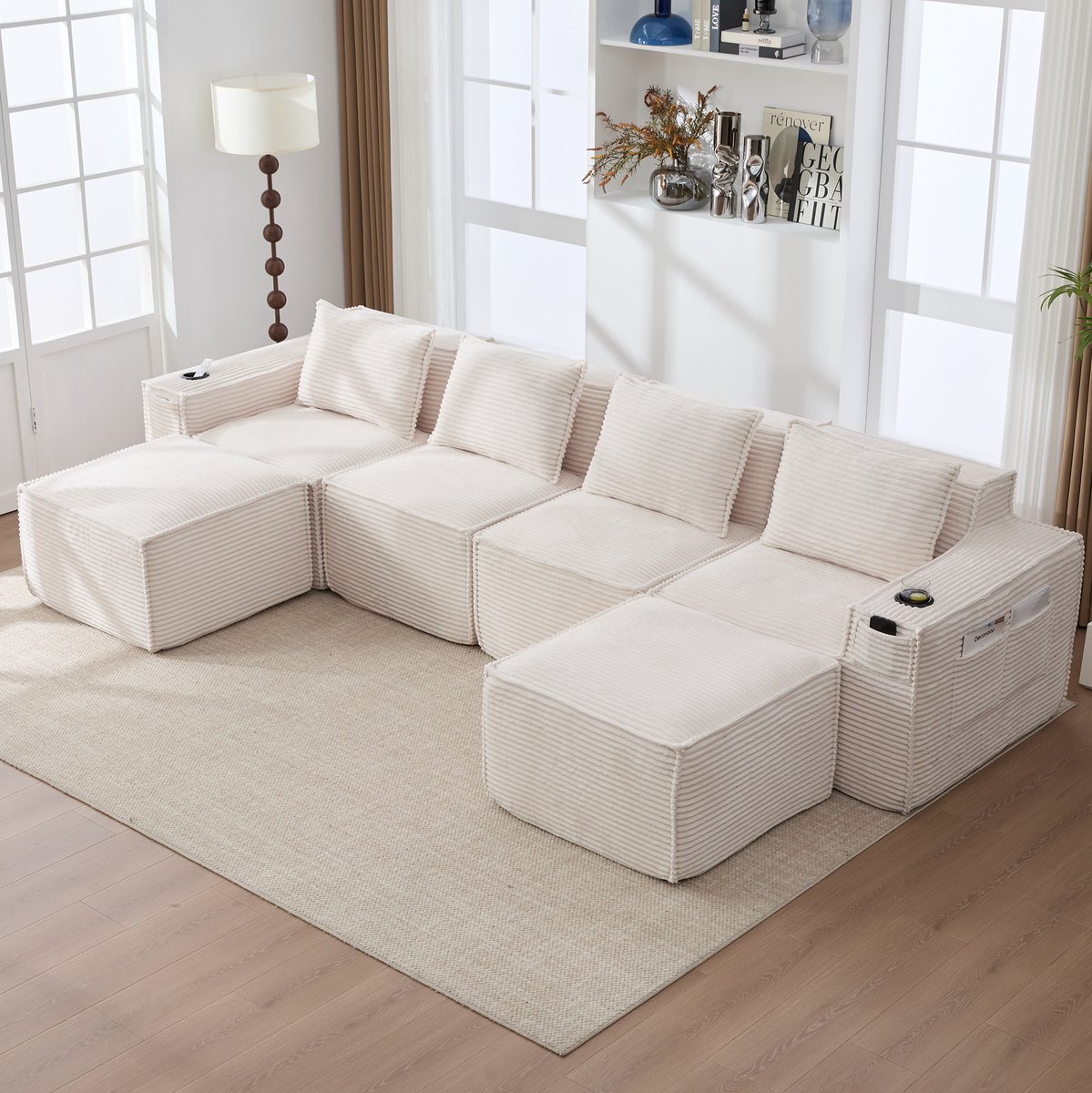 STILVORA Zitbank 330 Cm - Modulaire 4-Zits Met 2 Hockers, Bekerhouders En Zijvakken - Voor Woonkamer En Appartement - Cord Beige