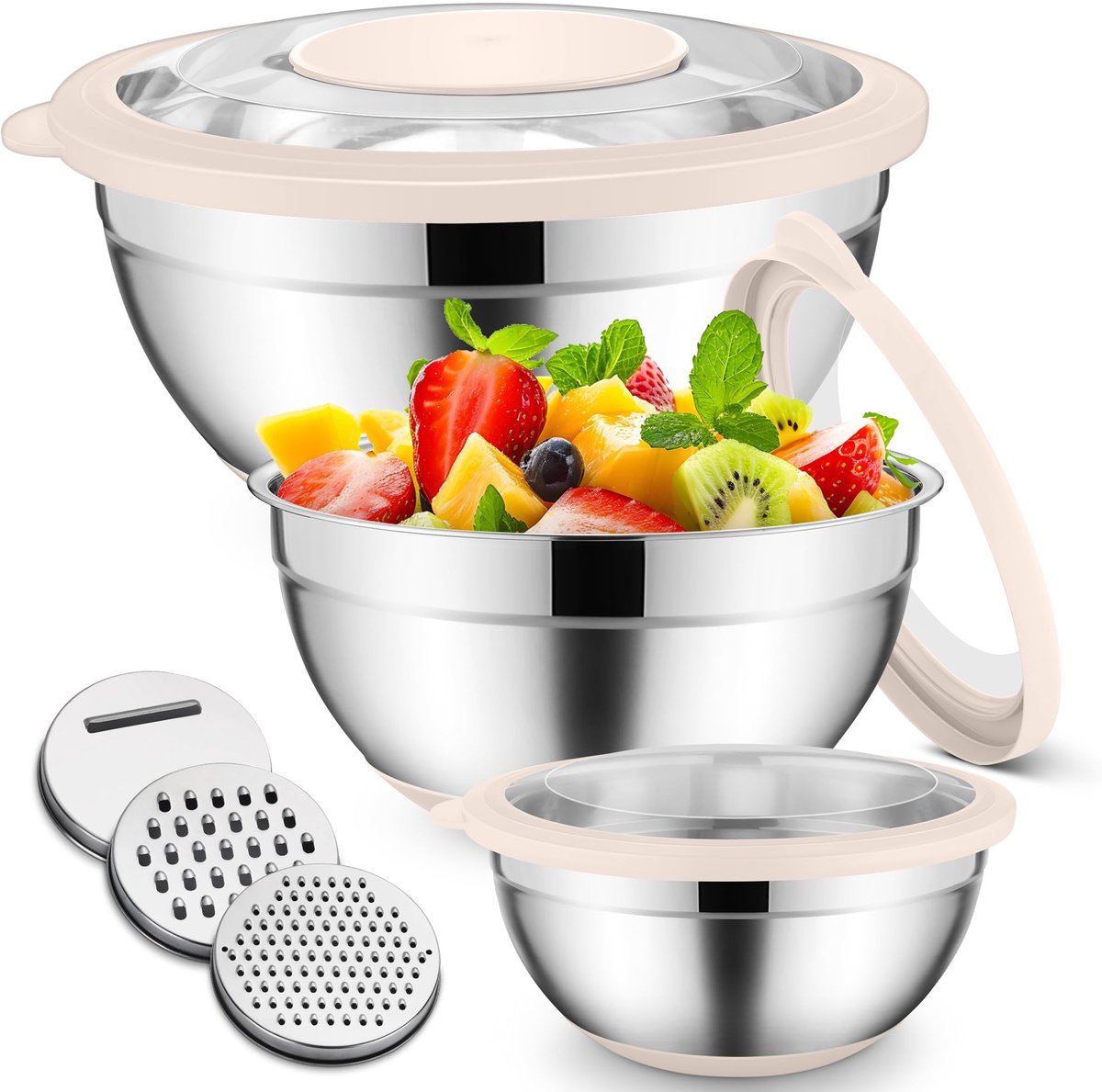 Set van 3 mengkommen, roestvrijstalen slakom, met transparant, luchtdicht deksel en antislip siliconen bodem en 3 opzetstukken, geschikt voor 4,6 l/2,5 l/0,7 l