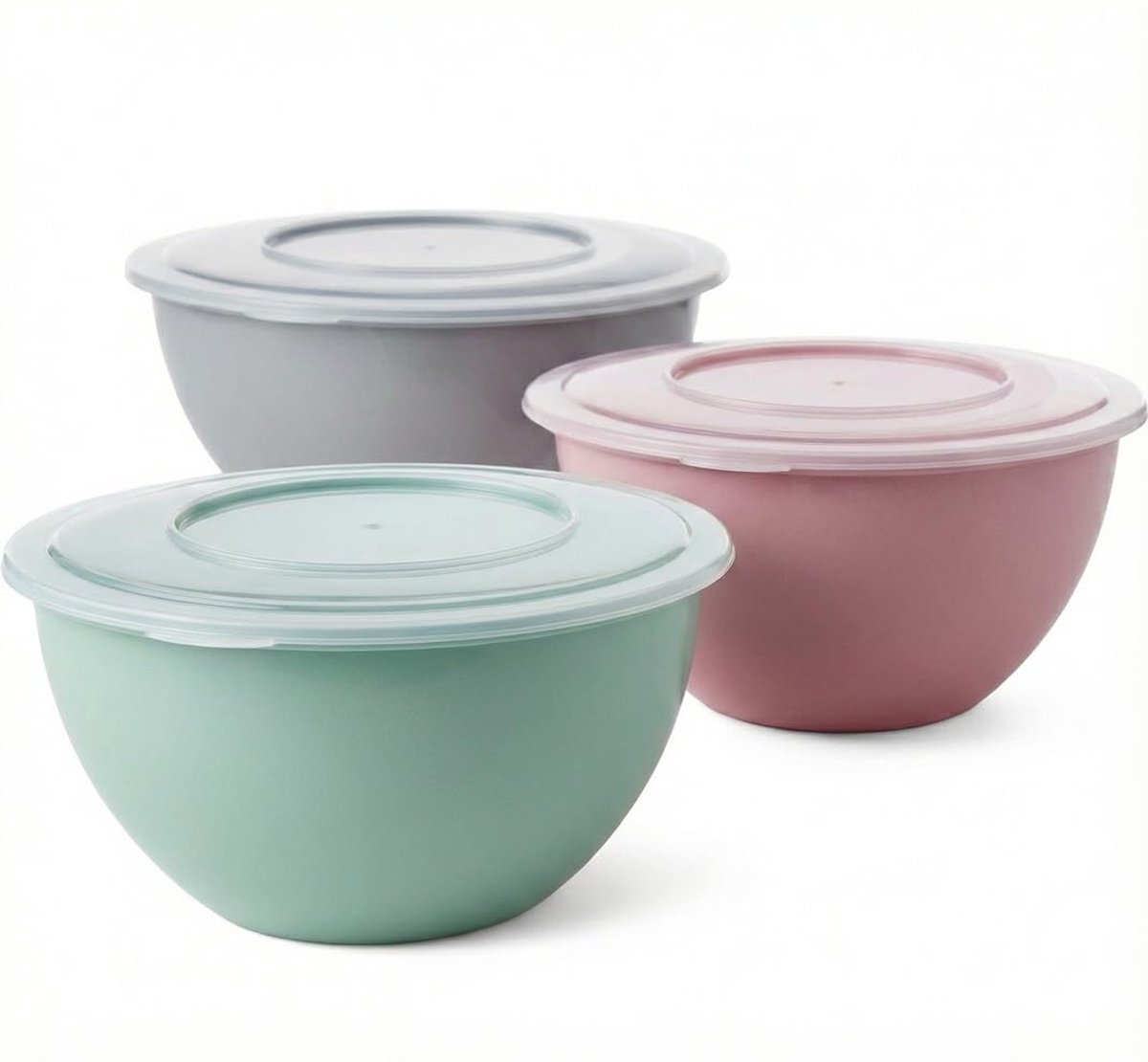 2friends Salad Bowl Set met Deksel 3-delig Mengkom, levensmiddelveilig BPA-vrije kunststof, kom gemaakt in de EU, 5L inhoud, Ø28cm diameter, lichtgrijs pastelroze pastelgroen