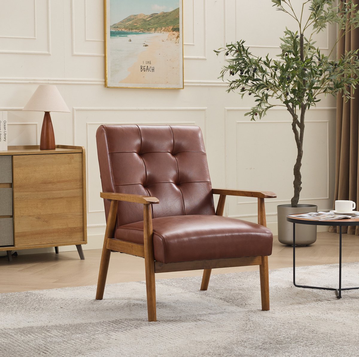 DESMIU Fauteuil 64 Cm - Echtleren Loungestoel Met Houten Armleuningen En Gestikte Rugleuning - Voor Woonkamer En Werkkamer - Bruin