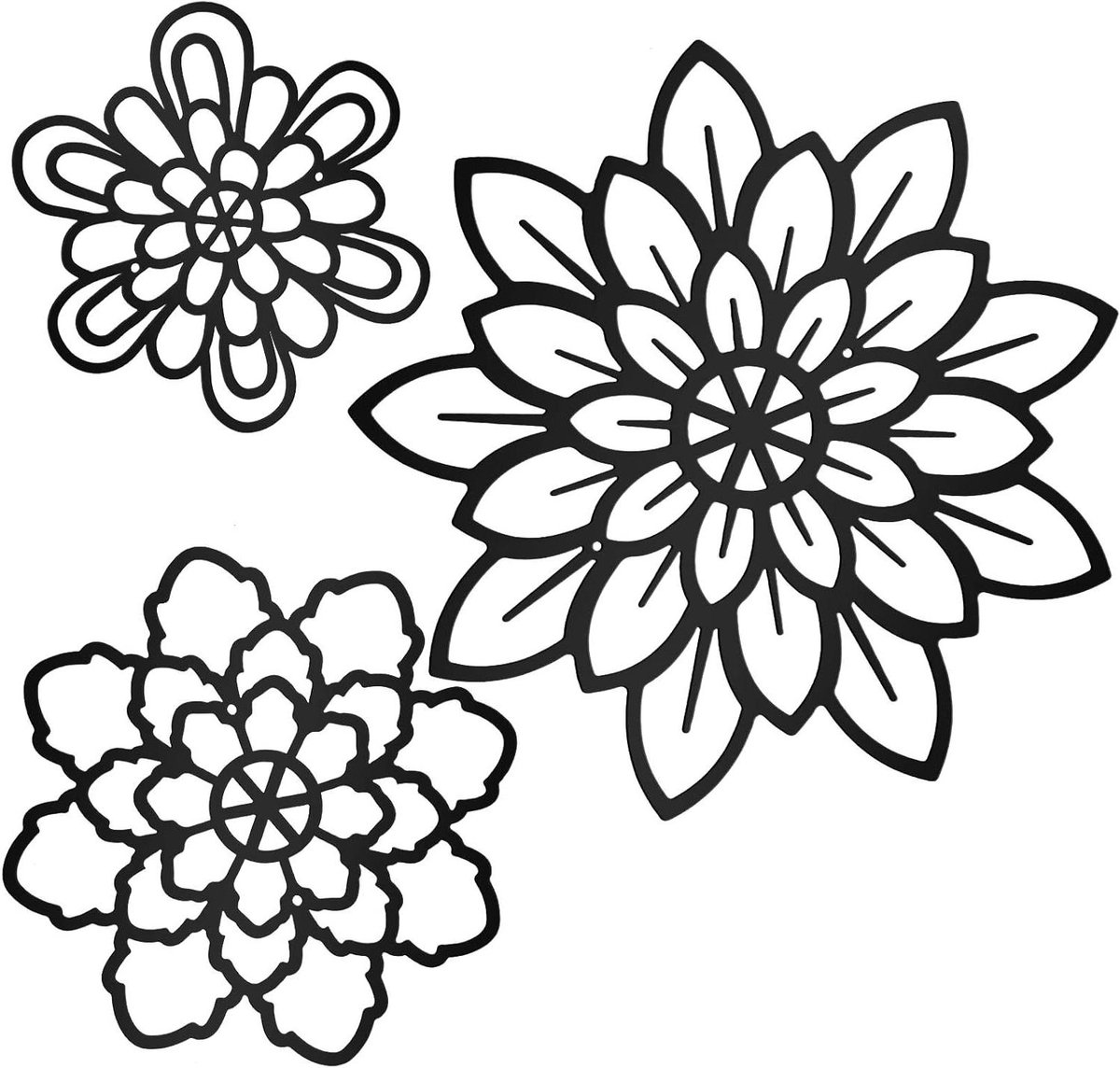 Metalen bloemen wanddecoratie - Rustieke muurkunst boerderij - Huis verfraaien - Set van 3 stuks - 15-30 cm - Zwart