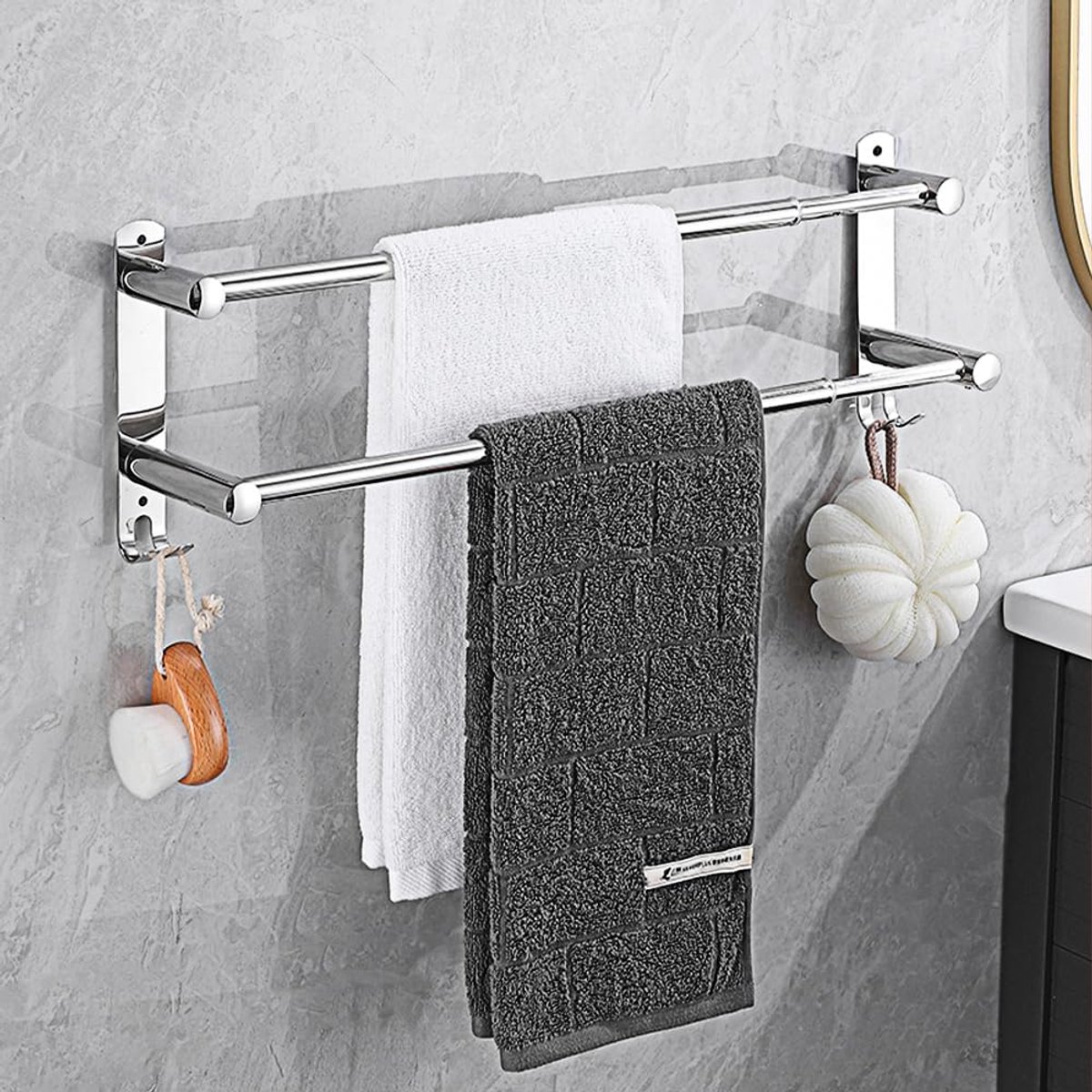 handdoekhouder, 43-78 cm, roestvrij staal, handdoekstang, badkamerhanddoekstang, wandhanddoekhouder met schroeven, handdoekhouder voor badkamer, keuken, toilet (zilver, 2-laag)