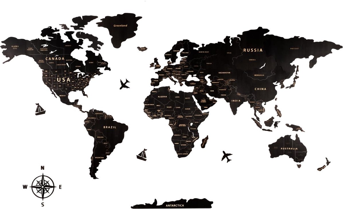 Wereldkaart wanddecoratie van hout, zwart, wereldkaart, reiskaart, wanddecoratie, muurkunst voor kantoor, woonkamer, slaapkamer (100 x 57 cm)