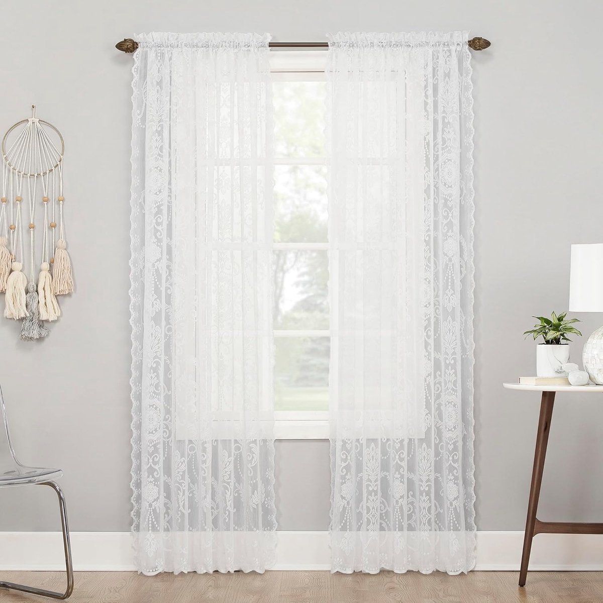 918 Ariella Floral Lace Sheer Rod Pocket Gordijnpaneel, 58" x 96", Wit