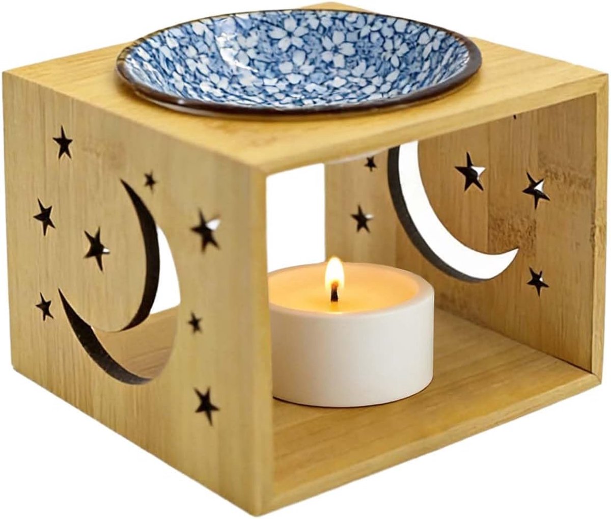 Geurlamp van bamboe, brander met etherische olie van hout, wasbrander van bamboe, kandelaar met etherische oliën, levering met kom en kandelaar voor thuis, kantoor, yoga en meer