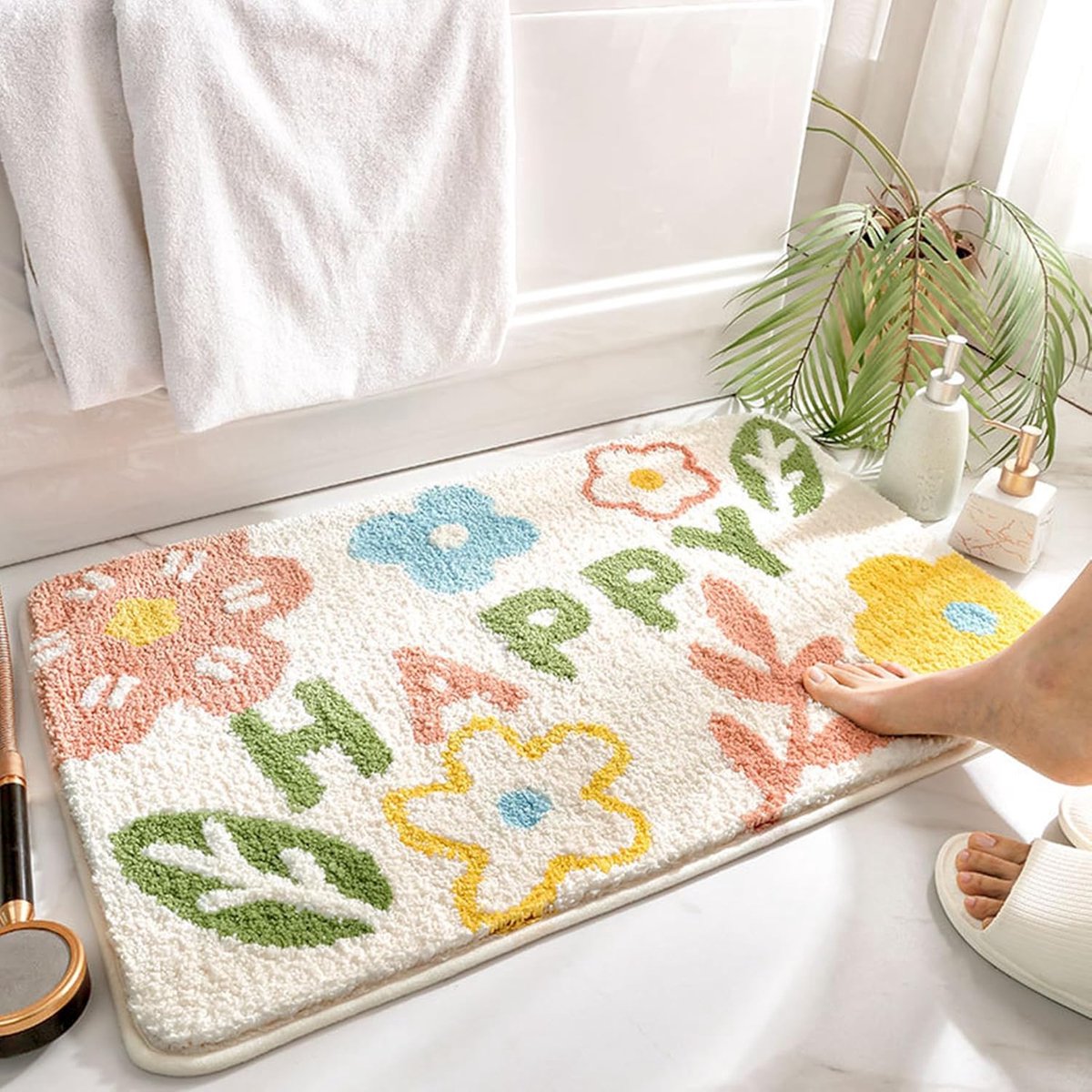 Badmat Gelukkige Bloem 50 x 80 cm, Antislip Badkamermat van Zacht Polyester, Absorberende Douchemat Machinewasbaar, Decoratief Tapijt voor Badkamer