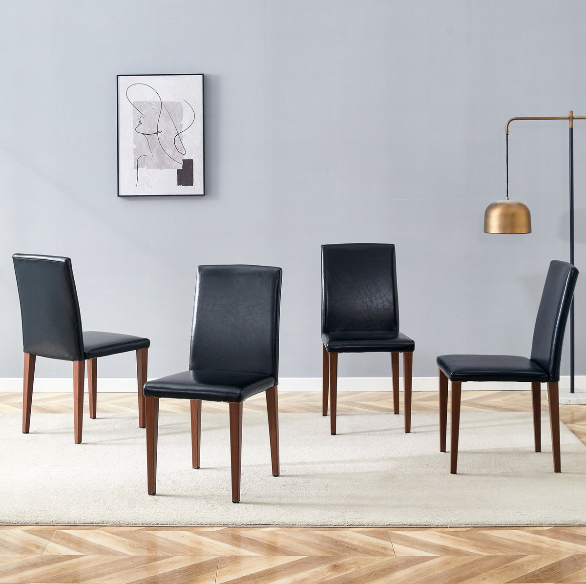 DESMIU Eetkamerstoel Set van 4 - Zwart Kunstleer Met Walnootlook Metalen Poten - Voor Eetkamer En Woonkamer - Zwart Walnoot Walnut+black