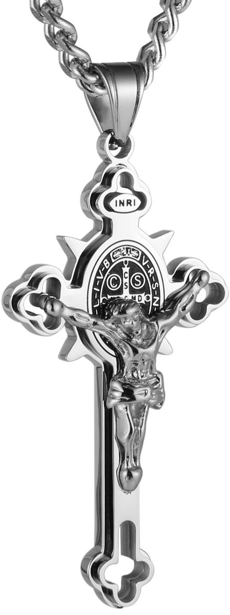 Halsketting met kruisbeeld van Sint-Benedictus van roestvrij staal voor dames en heren, retro religieuze halsketting met christelijk kruis